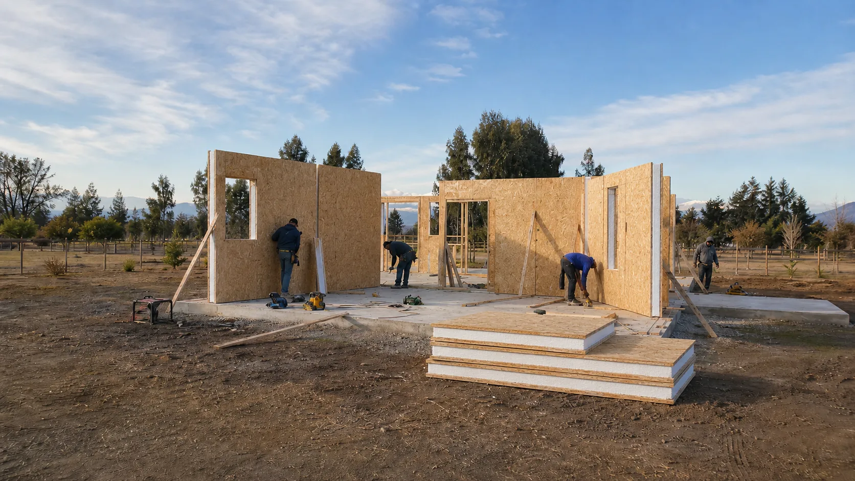 Montaje de paneles SIP en obra de vivienda familiar